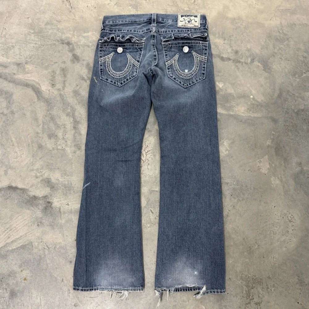 True Religion Billy Jeans Men 37 Blue Fair Distressed Bootcut Thick Stitch USA